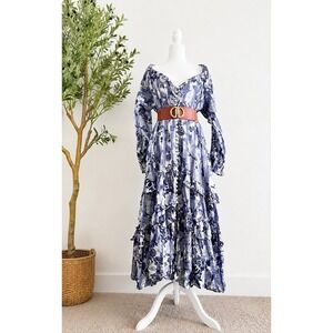 Free People Blue White Floral Stripe Tiered Ruffle Cotton Maxi Dress
